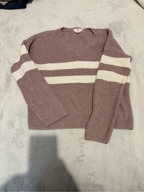 Pink Rose Mauve and White Striped V-Neck Sweater